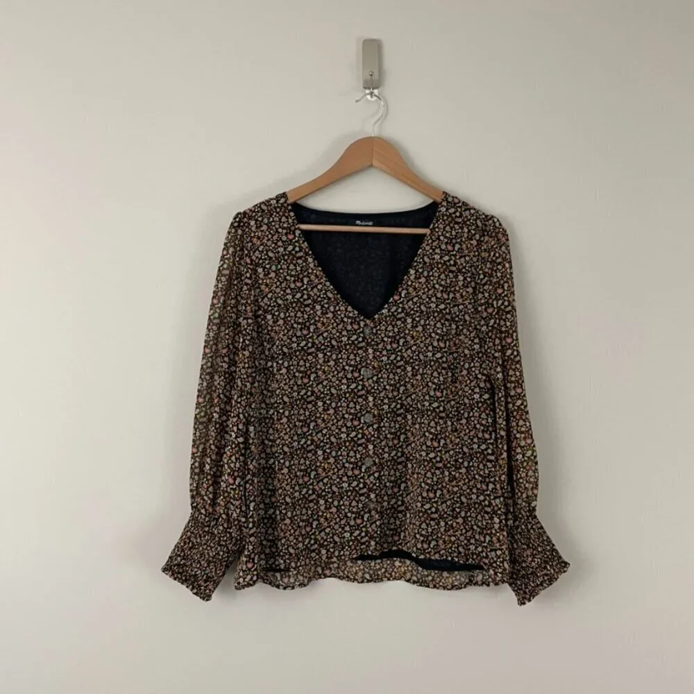 Madewell Georgette Smocked-Cuff Button-Front Shirt in Folktale Paisley Size 12
